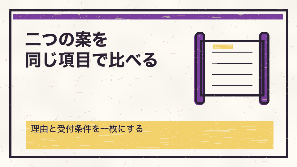 二つの案を同じ項目で比べる。理由と受付条件を一枚にする