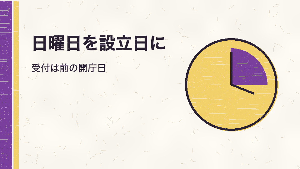 日曜日を設立日に。受付は前の開庁日
