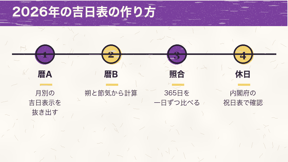 暦Aの表示を抜き出し、暦Bを国立天文台の朔と節気から計算し、365日を照合して、内閣府の祝日表で休日を確かめた手順の図