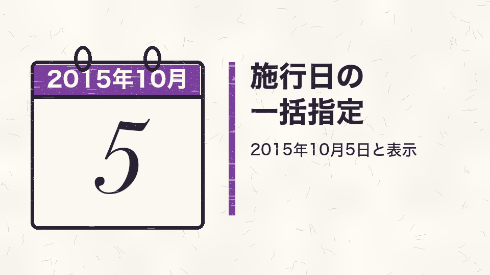施行日の一括指定。2015年10月5日と表示