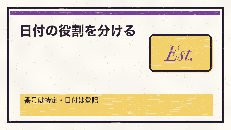 日付の役割を分ける。番号は特定・日付は登記