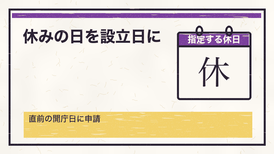 休みの日を設立日に。直前の開庁日に申請