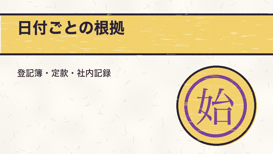日付ごとの根拠。登記簿・定款・社内記録