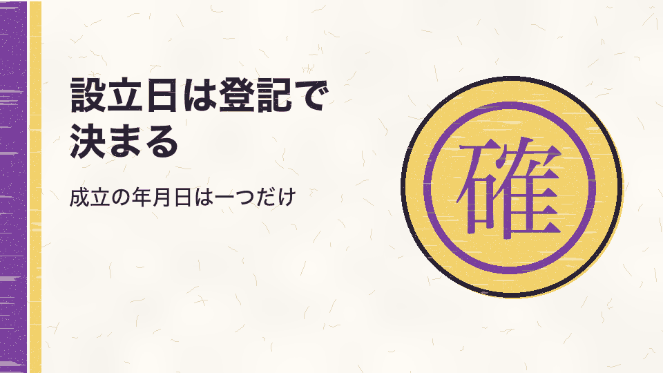 設立日は登記で決まる。成立の年月日は一つだけ