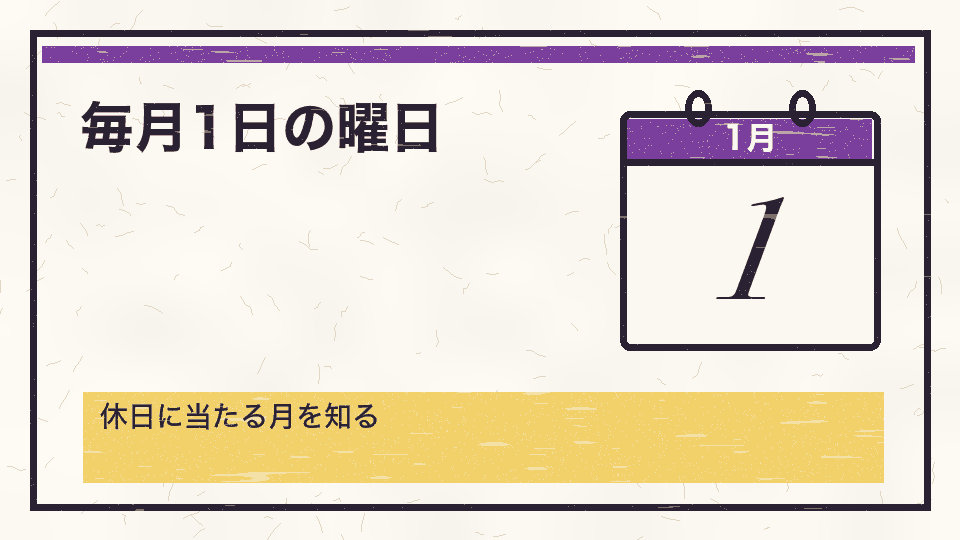 毎月1日の曜日。休日に当たる月を知る
