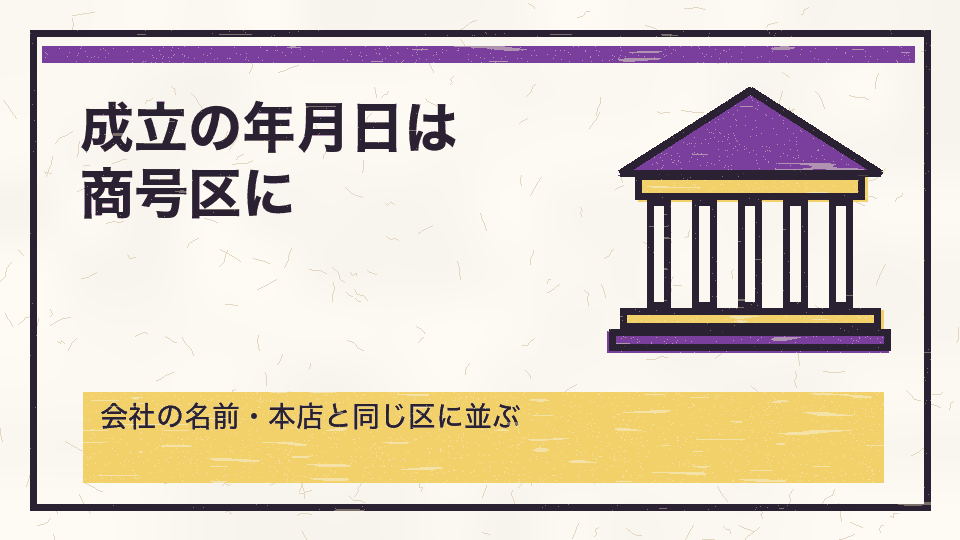 成立の年月日は商号区に。会社の名前・本店と同じ区に並ぶ
