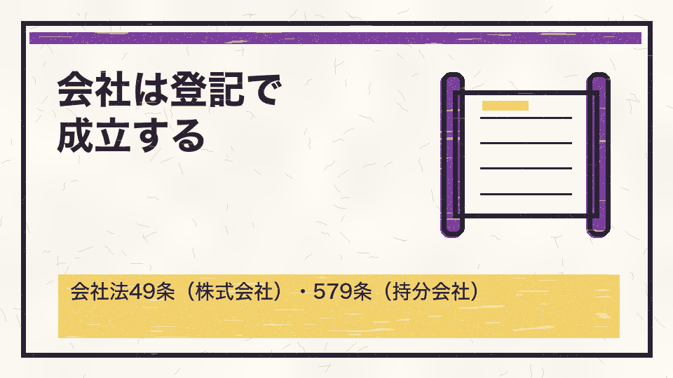 会社は登記で成立する。会社法49条（株式会社）・579条（持分会社）