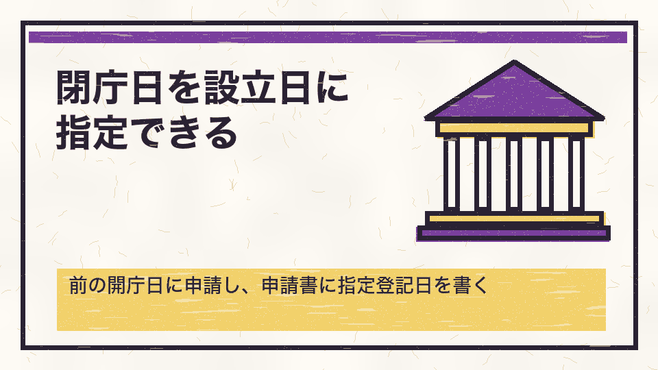 閉庁日を設立日に指定できる。前の開庁日に申請し、申請書に指定登記日を書く