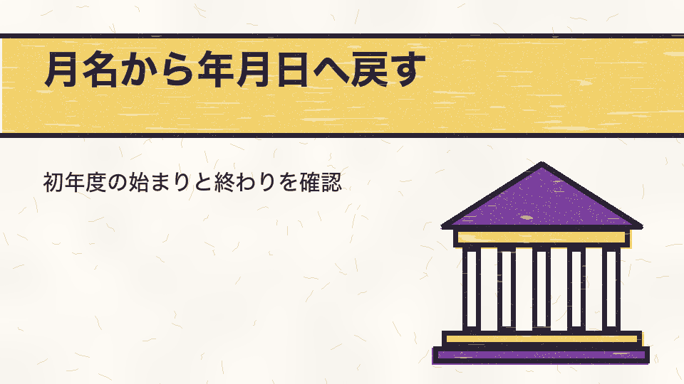 月名から年月日へ戻す。初年度の始まりと終わりを確認