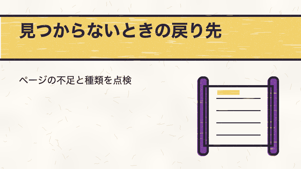 見つからないときの戻り先。ページの不足と種類を点検