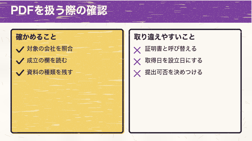 登記情報PDFは対象会社、成立の欄、資料の種類を確認し、証明書への呼び替えや取得日との混同を避ける