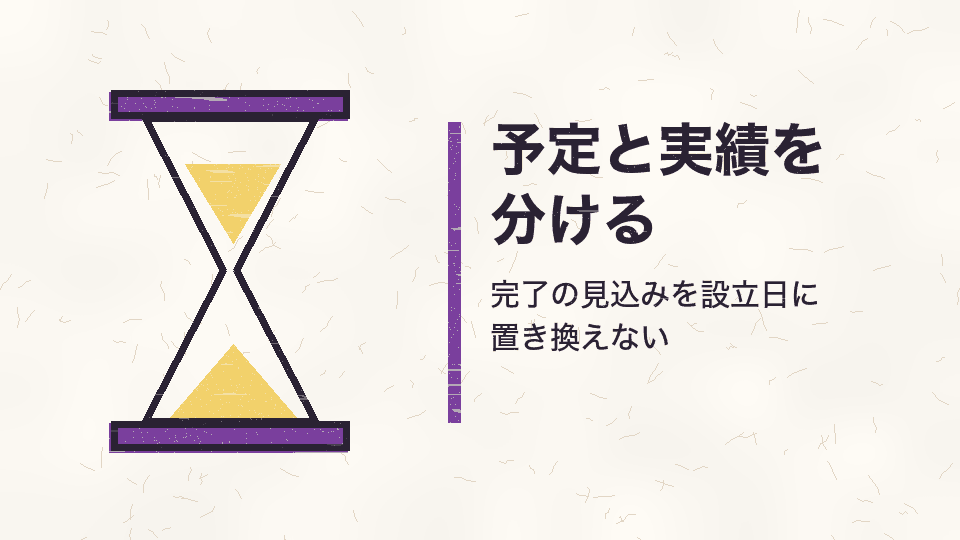 予定と実績を分ける。完了の見込みを設立日に置き換えない