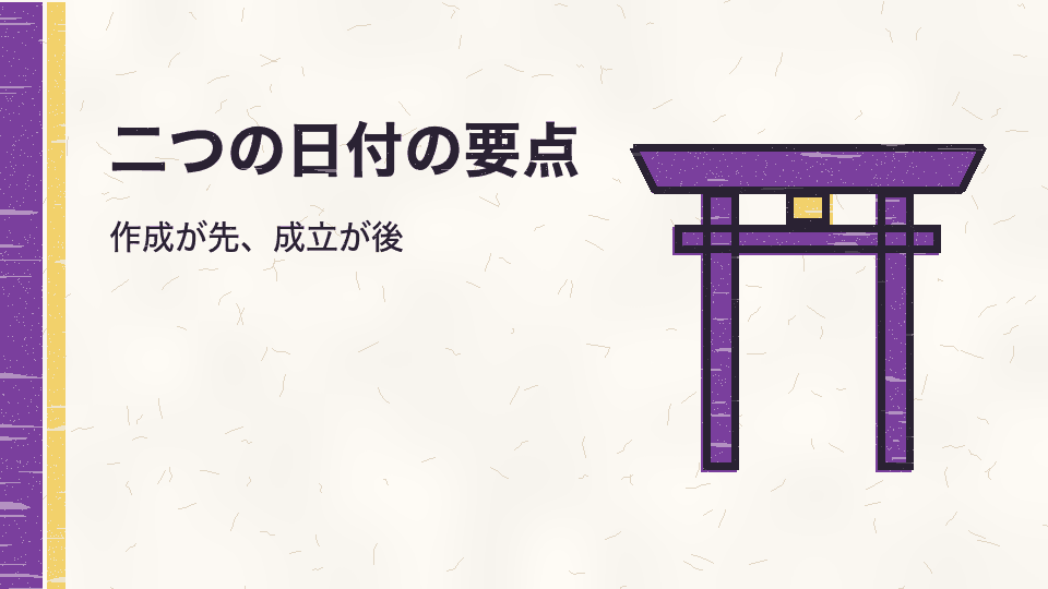 二つの日付の要点。作成が先、成立が後
